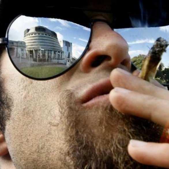 A picture of Danyl Strype with a joint in his mouth and Parliament reflected in his sunglasses